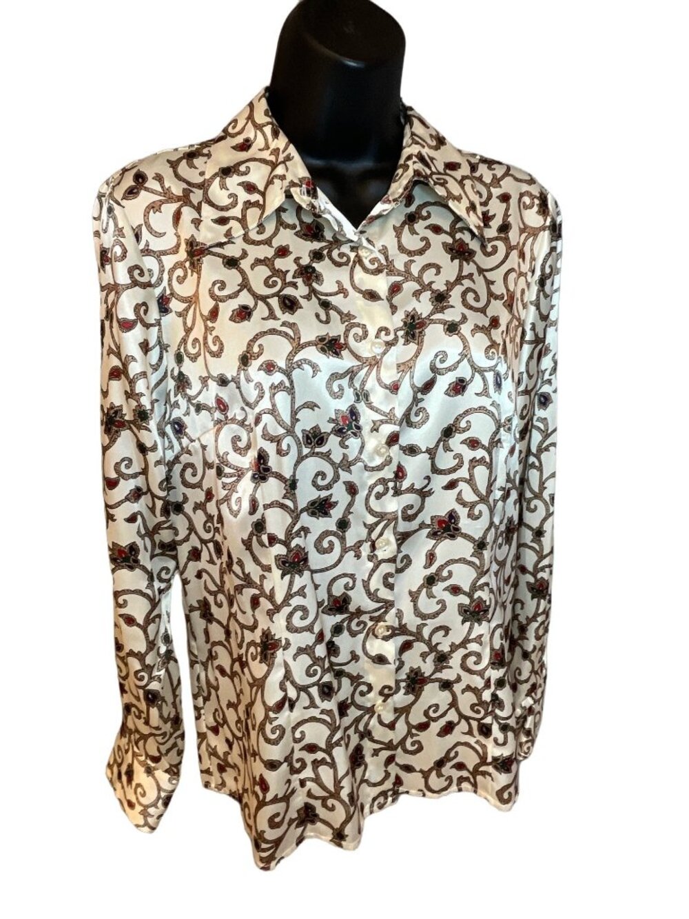 Preston & York Womens Paisley Long Sleeve Button-Up Blouse Size 8 Satin Beige Mu
